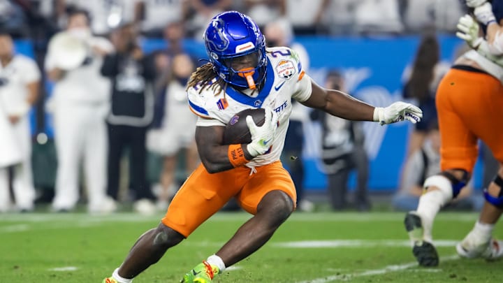 Dec 31, 2024; Glendale, AZ, USA; Boise State Broncos running back Ashton Jeanty (2) against the Penn State Nittany Lions during the Fiesta Bowl at State Farm Stadium. Mandatory Credit: Mark J. Rebilas-Imagn Images
