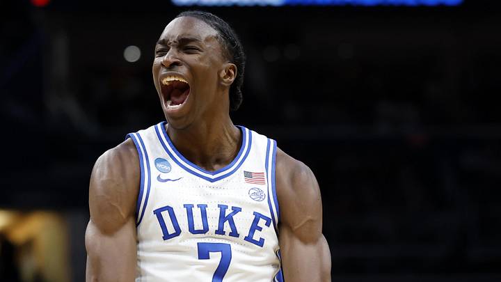 Mar 27, 2026; Washington, DC, USA; Duke Blue Devils guard Isaiah Evans (3) reacts after a basket against the St. John's Red Storm in the first half during a Sweet Sixteen game of the East Regional of the men's 2026 NCAA Tournament at Capital One Arena. Mandatory Credit: Amber Searls-Imagn Images