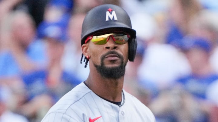 Mar 30, 2026; Kansas City, Missouri, USA; Minnesota Twins center fielder Byron Buxton (25) reacts after striking out against the Kansas City Royals during the fifth inning at Kauffman Stadium. Mandatory Credit: Denny Medley-Imagn Images