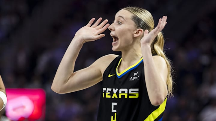 Sep 4, 2025; San Francisco, California, USA;  Dallas Wings guard Paige Bueckers (5) reacts during the second quarter against the Golden State Valkyries at Chase Center. Mandatory Credit: John Hefti-Imagn Images