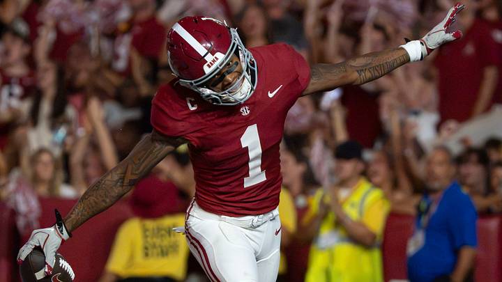 Sep 26, 2026; Tuscaloosa, AL, USA;  Alabama wide receiver Ryan Coleman-Williams (1) celebrates after scoring his second touchdown against South Carolina at Saban Field at Bryant Denny Stadium. Mandatory Credit: Gary Cosby Jr.-Tuscaloosa News