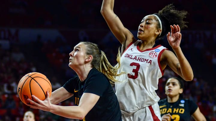 Oklahoma's Zya Vann contests a shot against Idaho in the First Round of the 2026 NCAA Tournament at the Lloyd Noble Center.