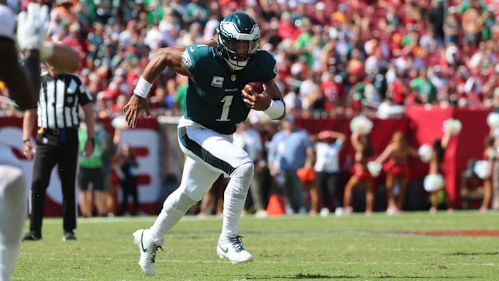 Sep 29, 2024; Tampa, Florida, USA; Philadelphia Eagles quarterback Jalen Hurts (1) against the Tampa Bay Buccaneers during the second half at Raymond James Stadium. Mandatory Credit: Kim Klement Neitzel-Imagn Images Sep 29, 2024; Tampa, Florida, USA; Philadelphia Eagles quarterback Jalen Hurts (1) against the Tampa Bay Buccaneers during the second half at Raymond James Stadium. Mandatory Credit: Kim Klement Neitzel-Imagn Images