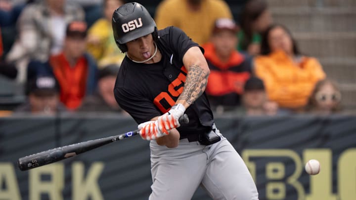 Oregon State infielder Aiva Arquette hits a single as the Oregon Ducks host the Oregon State Beavers on April 25, 2025, at PK Park in Eugene.