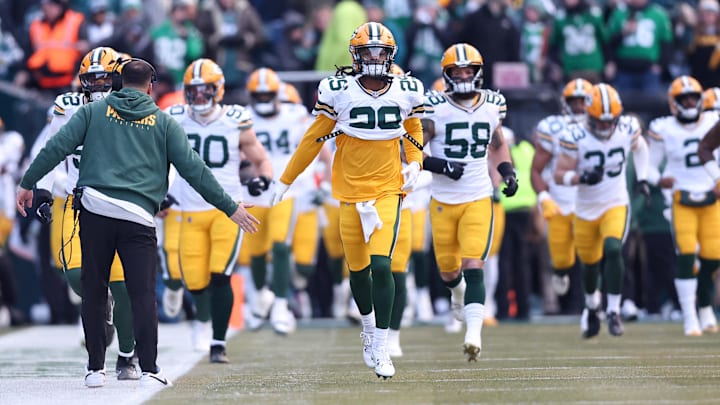 Jan 12, 2025; Philadelphia, Pennsylvania, USA; Green Bay Packers safety Xavier McKinney (29) before action against the Philadelphia Eagles in an NFC wild card game at Lincoln Financial Field. Mandatory Credit: Bill Streicher-Imagn Images