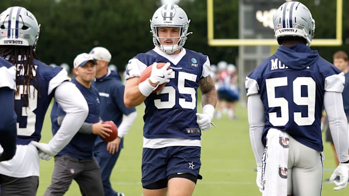 Dallas Cowboys linebacker Justin Barron goes through a drill during practice at the Ford Center at the Star Training Facility in Frisco, Texas. Dallas Cowboys linebacker Justin Barron goes through a drill during practice at the Ford Center at the Star Training Facility in Frisco, Texas.