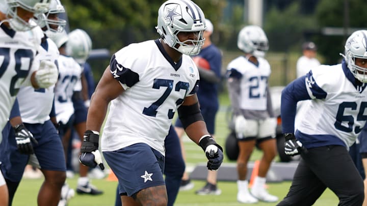 Dallas Cowboys guard Tyler Smith goes through a drill during practice at the Ford Center at the Star Training Facility.
