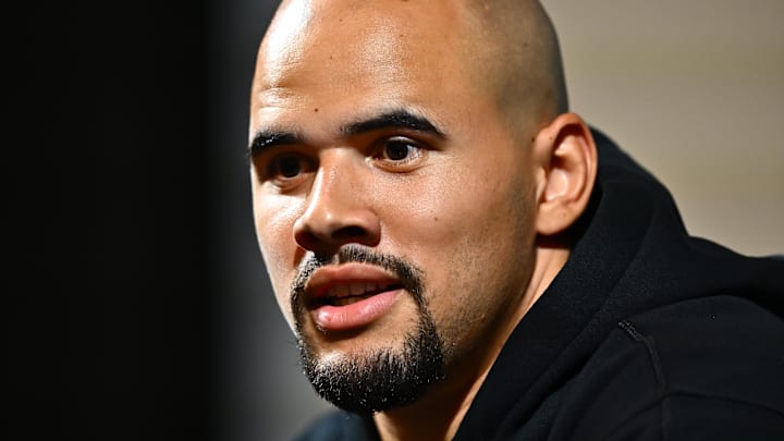 Mar 14, 2024; Philadelphia, PA, USA; Philadelphia Eagles linebacker Zack Baun speaks at a press conference after signing with the team. Mandatory Credit: Kyle Ross-Imagn Images