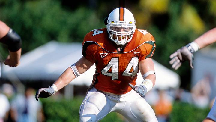 Unknown date, 2000; Coral Gables, FL, USA; FILE PHOTO; Miami Hurricanes line backer Dan Morgan (44) in action at Sun Life Stadium. Mandatory Credit: RVR Photos-USA TODAY Network Unknown date, 2000; Coral Gables, FL, USA; FILE PHOTO; Miami Hurricanes line backer Dan Morgan (44) in action at Sun Life Stadium. Mandatory Credit: RVR Photos-USA TODAY Network
