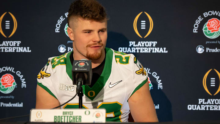 Oregon inside linebacker Bryce Boettcher speaks during media day for the Oregon Ducks in Los Angeles ahead of the Rose Bowl Monday, Dec. 30, 2024.