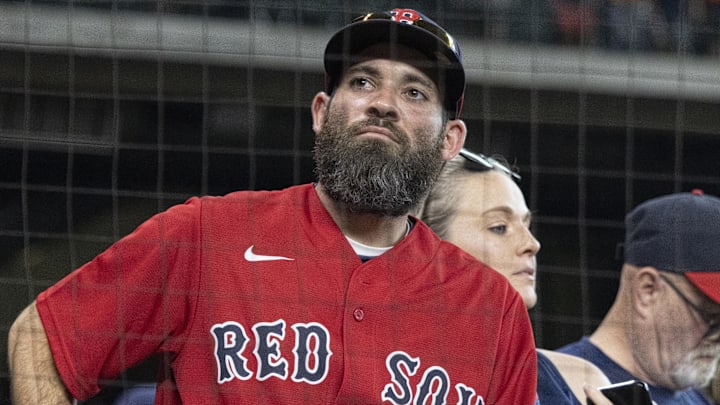 A Boston Red Sox fan reacts to a play at Minute Maid Park.