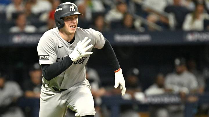 Oct 5, 2026; St. Petersburg, Florida, USA;  New York Yankees designated hitter Ben Rice (22) makes a run during the eighth inning against the Tampa Bay Rays in game two of the ALDS for the 2026 MLB Playoffs at Tropicana Field.  Mandatory Credit: Jonathan Dyer-Imagn Images