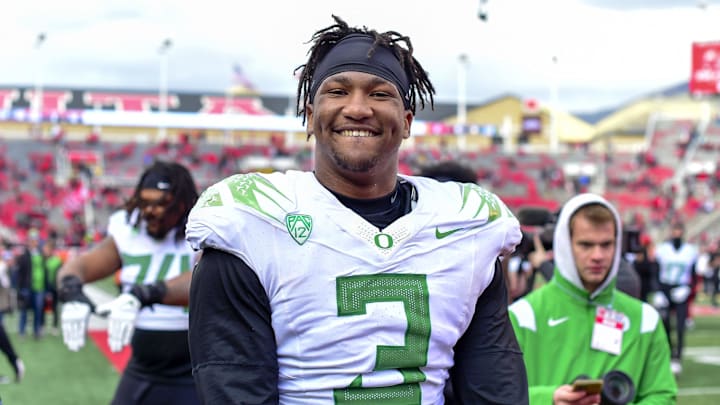 Oct 28, 2023; Salt Lake City, Utah, USA; Oregon Ducks defensive end Brandon Dorlus (3) celebrates