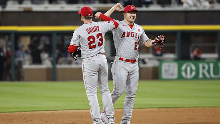May 29, 2023; Chicago, Illinois, USA; Los Angeles Angels second baseman Brandon Drury (23)