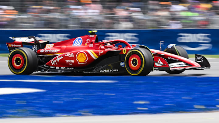 Jun 8, 2024; Montreal, Quebec, CAN; Ferrari driver Carlos Sainz (ESP) races during FP3 practice session of the Canadian Grand Prix at Circuit Gilles Villeneuve. Mandatory Credit: David Kirouac-USA TODAY Sports