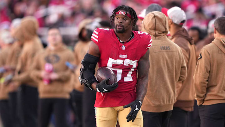 Nov 19, 2023; Santa Clara, California, USA; San Francisco 49ers linebacker Dre Greenlaw (57) during the third quarter against the Tampa Bay Buccaneers at Levi's Stadium. Mandatory Credit: Darren Yamashita-Imagn Images