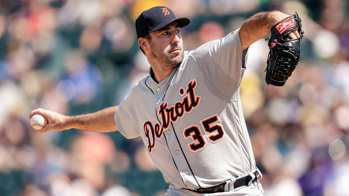 Aug 30, 2017; Denver, CO, USA; Detroit Tigers starting pitcher Justin Verlander (35) pitches in the second inning against the Colorado Rockies at Coors Field. Aug 30, 2017; Denver, CO, USA; Detroit Tigers starting pitcher Justin Verlander (35) pitches in the second inning against the Colorado Rockies at Coors Field.