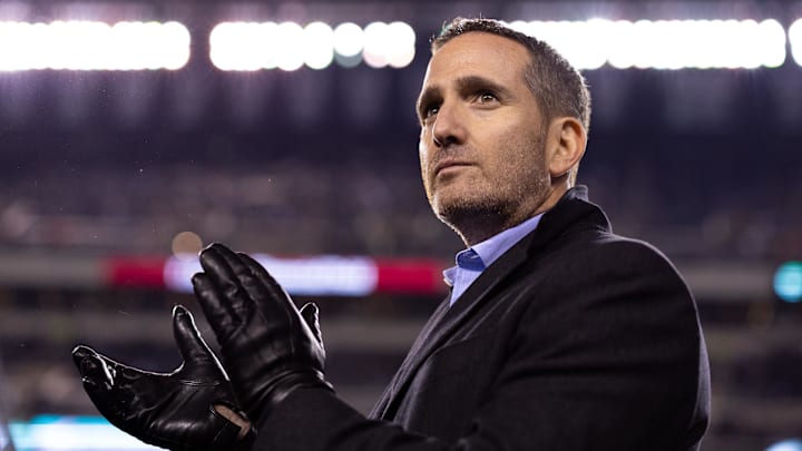 Jan 8, 2023; Philadelphia, Pennsylvania, USA; Philadelphia Eagles general manager Howie Roseman looks on during the final seconds of a victory against the New York Giants at Lincoln Financial Field. Mandatory Credit: Bill Streicher-Imagn Images