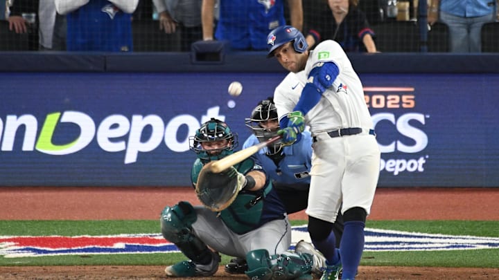 Oct 20, 2025; Toronto, Ontario, CAN; Toronto Blue Jays right fielder George Springer (4) hits a three run home run against the Seattle Mariners in the seventh inning during game seven of the ALCS round for the 2025 MLB playoffs at Rogers Centre. Mandatory Credit: Dan Hamilton-Imagn Images Oct 20, 2025; Toronto, Ontario, CAN; Toronto Blue Jays right fielder George Springer (4) hits a three run home run against the Seattle Mariners in the seventh inning during game seven of the ALCS round for the 2025 MLB playoffs at Rogers Centre. Mandatory Credit: Dan Hamilton-Imagn Images