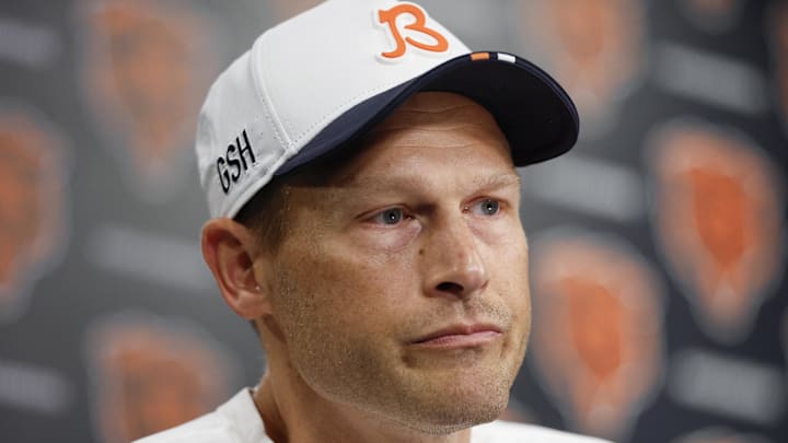 Chicago Bears head coach Ben Johnson speaks during training camp at Halas Hall. Mandatory Credit: Kamil Krzaczynski-Imagn Images