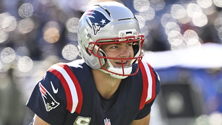 Nov 2, 2025; Foxborough, Massachusetts, USA;  New England Patriots quarterback Drake Maye (10) warms up prior to the game against the Atlanta Falcons at Gillette Stadium. Mandatory Credit: Eric Canha-Imagn Images
