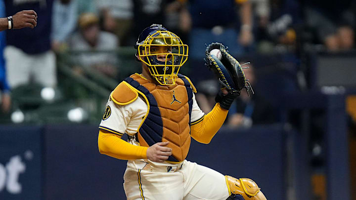 Milwaukee Brewers catcher William Contreras (24) takes out Los Angeles Dodgers right fielder Teoscar Hernández (37) at home during the fourth inning of the of their National League Championship Series game October 13, 2025 at American Family Field in Milwaukee, Wisconsin. Jovanny Hernandez / Milwaukee Journal Sentinel