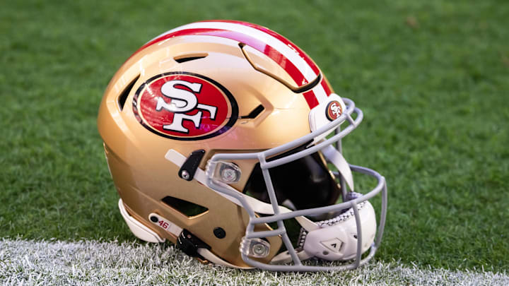 Jan 5, 2025; Glendale, Arizona, USA; Detailed view of a San Francisco 49ers helmet at State Farm Stadium. Mandatory Credit: Mark J. Rebilas-Imagn Images