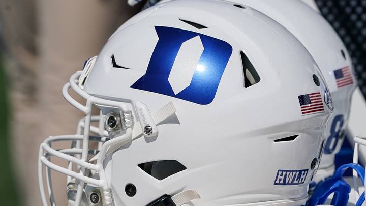 Sep 24, 2022; Lawrence, Kansas, USA; A general view of a Duke Blue Devils helmet against the Kansas Jayhawks during the second half of the game at David Booth Kansas Memorial Stadium. Mandatory Credit: Denny Medley-USA TODAY Sports