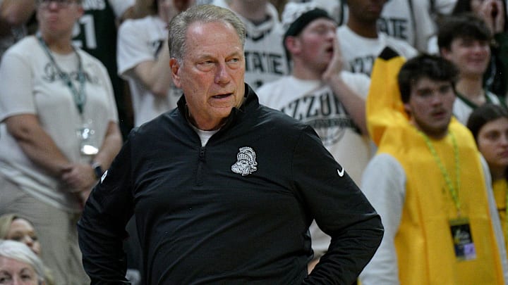 Nov 8, 2025; East Lansing, Michigan, USA;  Michigan State Spartans head coach Tom Izzo watches his squad against Arkansas during the first half at Jack Breslin Student Events Center. Mandatory Credit: Dale Young-Imagn Images