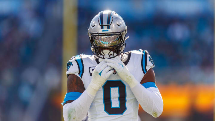 Dec 31, 2023; Jacksonville, Florida, USA; Carolina Panthers offensive linebacker Brian Burns (0) Dec 31, 2023; Jacksonville, Florida, USA; Carolina Panthers offensive linebacker Brian Burns (0)
