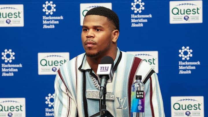 Apr 25, 2025; East Rutherford, NJ, US;  New York Giants first-round draft pick, Abdul Carter, takes questions from the media during his introduction press conference. New York Giants  