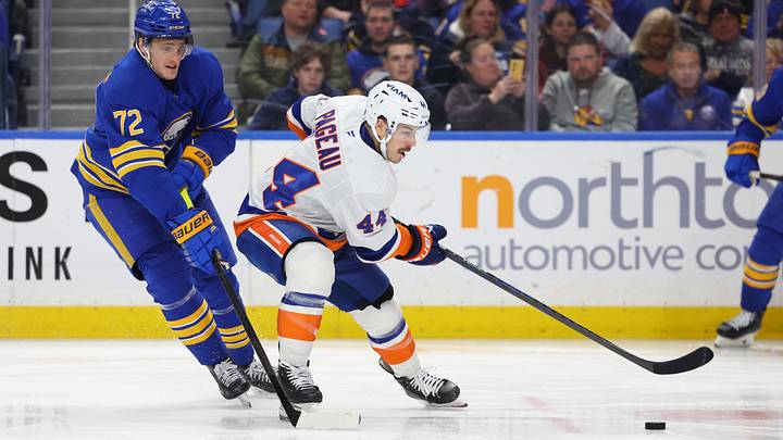 Mar 31, 2026; Buffalo, New York, USA; New York Islanders center Jean-Gabriel Pageau (44) controls the puck as Buffalo Sabres center Tage Thompson (72) tries to defend during the second period at KeyBank Center. Mandatory Credit: Timothy T. Ludwig-Imagn Images Mar 31, 2026; Buffalo, New York, USA; New York Islanders center Jean-Gabriel Pageau (44) controls the puck as Buffalo Sabres center Tage Thompson (72) tries to defend during the second period at KeyBank Center. Mandatory Credit: Timothy T. Ludwig-Imagn Images