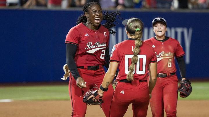 Jun 1, 2026; Oklahoma City, OK, USA;  Texas Tech Red Raiders pitcher Nijaree Canady (24) and infielder Jackie Lis (00) and 	hird baseman Taylor Pannell (6) celebrate after defeating the Alabama Crimson Tide and moving on to play in the final championship series against the Texas Longhorns during the NCAA Women’s College World Series at Devon Park. Mandatory Credit: Brett Rojo-Imagn Images
