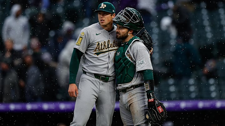 Apr 4, 2025; Denver, Colorado, USA; Athletics pitcher Mason Miller (19) celebrates with catcher Shea Langeliers (23) after the game against the Colorado Rockies at Coors Field. Mandatory Credit: Isaiah J. Downing-Imagn Images Apr 4, 2025; Denver, Colorado, USA; Athletics pitcher Mason Miller (19) celebrates with catcher Shea Langeliers (23) after the game against the Colorado Rockies at Coors Field. Mandatory Credit: Isaiah J. Downing-Imagn Images