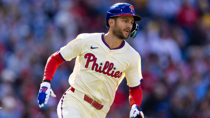 Apr 13, 2024; Philadelphia, Pennsylvania, USA; Philadelphia Phillies shortstop Trea Turner (7) runs the bases after hitting a double during the first inning against the Pittsburgh Pirates at Citizens Bank Park