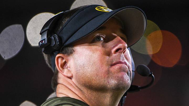 Nov 15, 2025; Columbia, Missouri, USA; Missouri Tigers head coach Eli Drinkwitz looks at the scoreboard in the Missouri matchup against Mississippi State at Faurot Field.