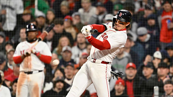 Apr 6, 2025; Boston, Massachusetts, USA; Boston Red Sox left fielder Jarren Duran (16) hits an RBI single against the St. Louis Cardinals during the third inning at Fenway Park. Mandatory Credit: Eric Canha-Imagn Images Apr 6, 2025; Boston, Massachusetts, USA; Boston Red Sox left fielder Jarren Duran (16) hits an RBI single against the St. Louis Cardinals during the third inning at Fenway Park. Mandatory Credit: Eric Canha-Imagn Images