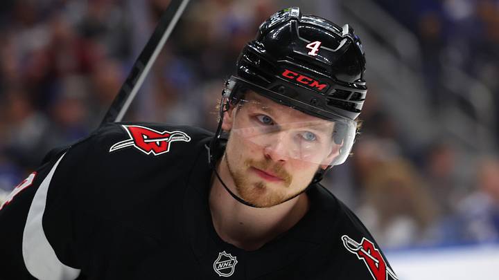 Apr 6, 2026; Buffalo, New York, USA;  Buffalo Sabres defenseman Bowen Byram (4) during a stoppage in play against the Tampa Bay Lightning at KeyBank Center. Mandatory Credit: Timothy T. Ludwig-Imagn Images