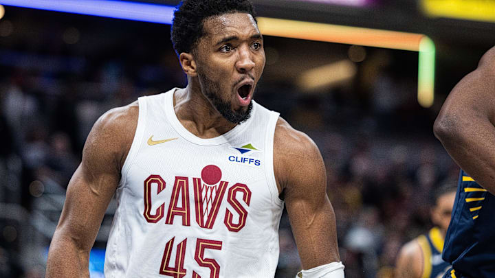 Jan 14, 2025; Indianapolis, Indiana, USA; Cleveland Cavaliers guard Donovan Mitchell (45) reacts to a made shot and foul the first half against the Indiana Pacers at Gainbridge Fieldhouse. Mandatory Credit: Trevor Ruszkowski-Imagn Images Jan 14, 2025; Indianapolis, Indiana, USA; Cleveland Cavaliers guard Donovan Mitchell (45) reacts to a made shot and foul the first half against the Indiana Pacers at Gainbridge Fieldhouse. Mandatory Credit: Trevor Ruszkowski-Imagn Images