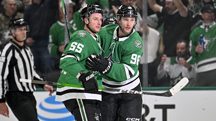 Apr 9, 2026; Dallas, Texas, USA; Dallas Stars right wing Mikko Rantanen (96) and defenseman Thomas Harley (55) celebrate the game-tying goal scored by Rantanen against the Minnesota Wild during the third period at the American Airlines Center. Mandatory Credit: Jerome Miron-Imagn Images