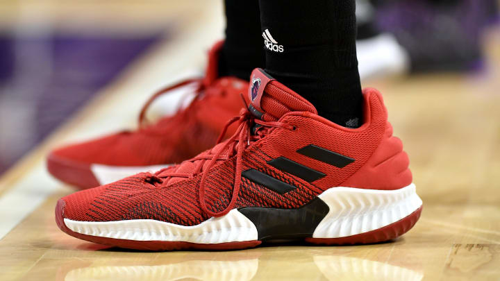 Feb 13, 2019; Evanston, IL, USA; A general view of the shoes worn by Rutgers Scarlet Knights center Myles Johnson (15) during the game against the Northwestern Wildcats at Welsh-Ryan Arena. Mandatory Credit: Quinn Harris-USA TODAY Sports