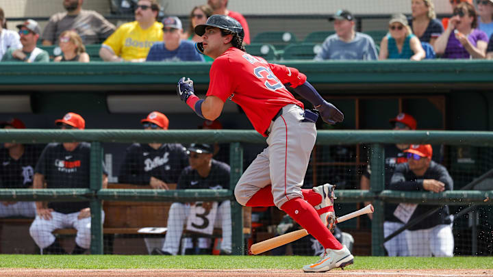 Feb 27, 2025; Lakeland, Florida, USA; Boston Red Sox third baseman Marcelo Mayer (39) watches his fly ball during the first inning against the Detroit Tigers at Publix Field at Joker Marchant Stadium. Mandatory Credit: Mike Watters-Imagn Images