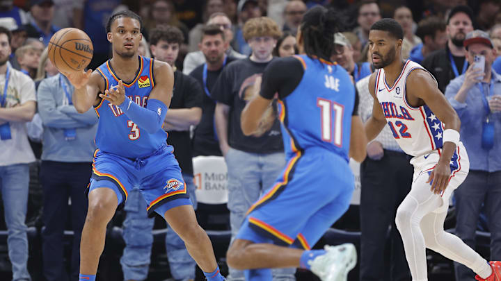 Mar 19, 2025; Oklahoma City, Oklahoma, USA; Oklahoma City Thunder forward Dillon Jones (3) passes to guard Isaiah Joe (11) during a play against the Philadelphia 76ers during the first quarter at Paycom Center. Mandatory Credit: Alonzo Adams-Imagn Images