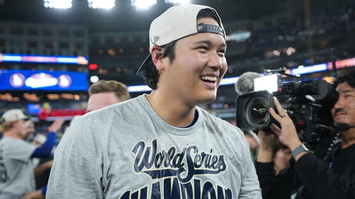 Nov 1, 2025; Toronto, Ontario, CAN; Los Angeles Dodgers two-way player Shohei Ohtani (17) reacts after defeating the Toronto Blue Jays in the eleventh inning for game seven of the 2025 MLB World Series at Rogers Centre. Mandatory Credit: Nick Turchiaro-Imagn Images