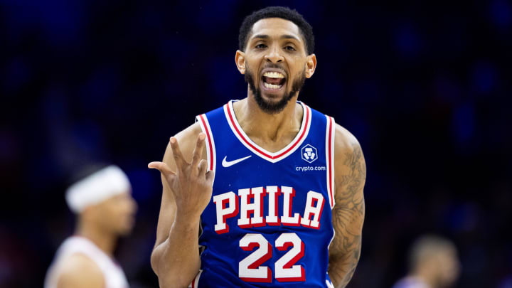 Apr 25, 2024; Philadelphia, Pennsylvania, USA; Philadelphia 76ers guard Cameron Payne (22) reacts to his three pointer against the New York Knicks during the second quarter of game three of the first round for the 2024 NBA playoffs at Wells Fargo Center. Mandatory Credit: Bill Streicher-USA TODAY Sports