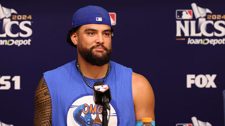 Oct 13, 2024; Los Angeles, California, USA; New York Mets pitcher Sean Manaea (59) speaks to the media before game one of the NLCS for the 2024 MLB Playoffs at Dodger Stadium. Mandatory Credit: Kiyoshi Mio-Imagn Images Oct 13, 2024; Los Angeles, California, USA; New York Mets pitcher Sean Manaea (59) speaks to the media before game one of the NLCS for the 2024 MLB Playoffs at Dodger Stadium. Mandatory Credit: Kiyoshi Mio-Imagn Images