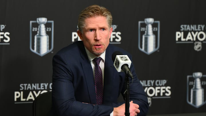 May 9, 2023; Seattle, Washington, USA; Seattle Kraken head coach Dave Hakstol speaks to the media after the game against the Dallas Stars in game four of the second round of the 2023 Stanley Cup Playoffs at Climate Pledge Arena. 