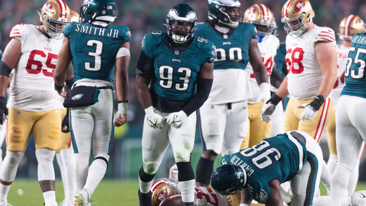 Philadelphia Eagles defensive tackle Milton Williams (93) reacts after a defensive stop during the second quarter against the San Francisco 49ers at Lincoln Financial Field last season. Philadelphia Eagles defensive tackle Milton Williams (93) reacts after a defensive stop during the second quarter against the San Francisco 49ers at Lincoln Financial Field last season.