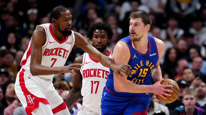 Mar 11, 2026; Denver, Colorado, USA; Houston Rockets forward Kevin Durant (7) defends on Denver Nuggets center Nikola Jokic (15) in the first quarter at Ball Arena. Mandatory Credit: Ron Chenoy-Imagn Images Mar 11, 2026; Denver, Colorado, USA; Houston Rockets forward Kevin Durant (7) defends on Denver Nuggets center Nikola Jokic (15) in the first quarter at Ball Arena. Mandatory Credit: Ron Chenoy-Imagn Images