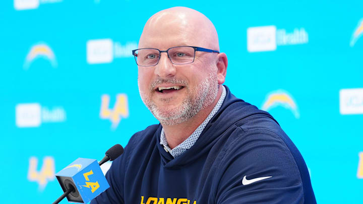 Apr 16, 2026; El Segundo, CA, USA; Los Angeles Chargers general manager Joe Hortiz speaks at press conference at The Bolt. Mandatory Credit: Kirby Lee-Imagn Images